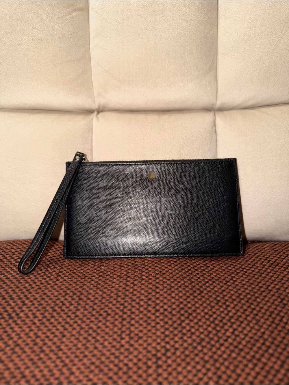 kate spade Black Leather Wristlet Pouch with Gold Logo